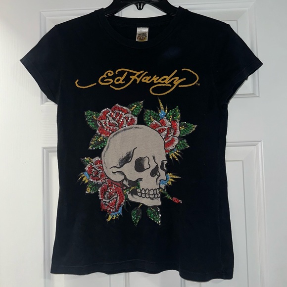 Ed Hardy Tops - Original Vintage Y2K Ed Hardy Embellished Skull Floral Short Sleeve Top Shirt!
